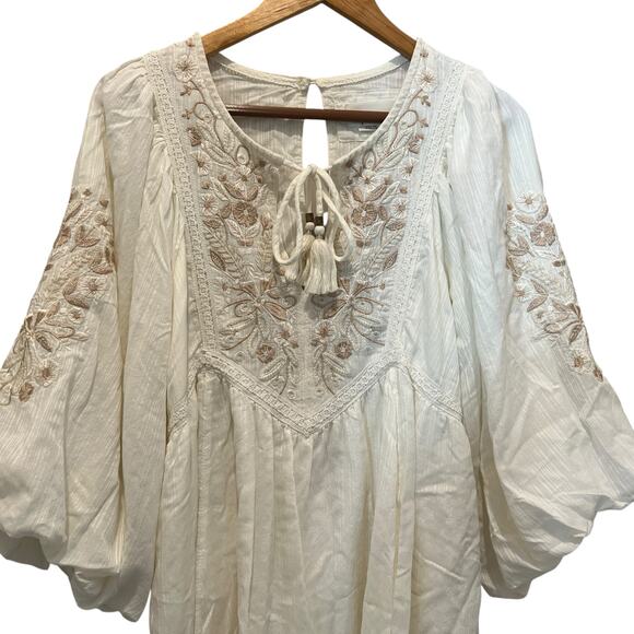ANTHROPOLOGIE Embroidered Lace White Tan Mini Dress Medium Petite Puff Sleeves - Picture 2 of 10